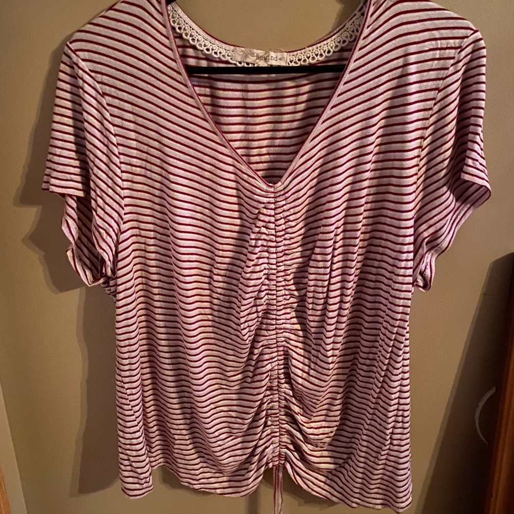 Red, Cream, and white stripped shirt